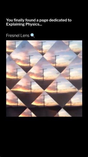 Explaining Physics on Instagram: "Eye-catching demonstration of a Fresnel lens, a type of compact lens invented by Augustin-Jean Fresnel. The lens, which appears to be rectangular and composed of many small, repeating square segments, is held up against a backdrop of a colorful sunset, a utility pole, and distant hills. As the lens is moved and rotated, the background image viewed through it is fragmented and distorted into multiple, repeating, and sometimes twisted copies of the scene, clearly 