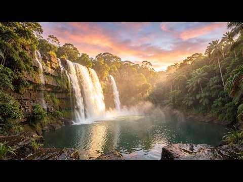 Golden Sunset Waterfall 🌅 Relaxing Tropical Jungle Lagoon | 4K Ambient Nature Visual