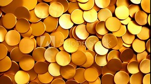 Luxury gold background with golden shining glowing glitter particles, seamless loop with circle of bubbles or coins.