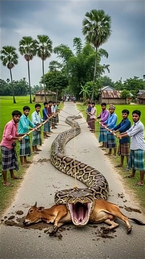 Giant Python Swallows Cow Near Farmland — Shocking Wildlife Moment 😱🐍🐄#giantpython #snakeattack