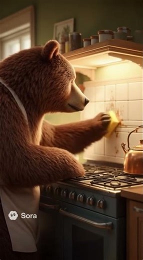 A bear cleaning the kitchen wall?! 🐻🧽