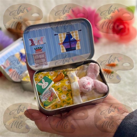 Tuck-in-tins™, Bunny Plush Toy Miniature Bed Set, Pocket Surprise, Easter Basket Stuffer - Etsy