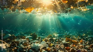 Garbage floating in illuminated ocean water due to plastic pollution crisis. Concept Plastic Pollution, Marine Environment, Waste Management, Ocean Conservation, Environmental Impact