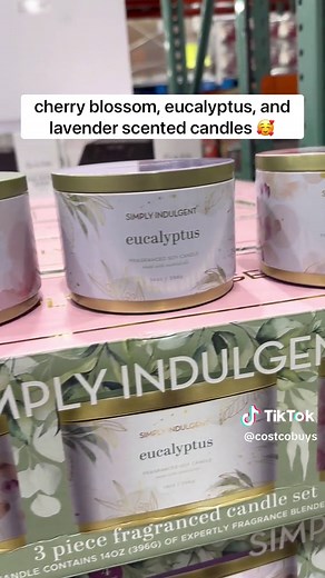 🌸 Spring Soy Candle Set at Costco! This Simply Indulgent set features cherry blossom, eucalyptus, and lavender scented candles! 🥰 They’re 4-wick and are made with essential oils. ($19.99) #costco #soycandles #candles
