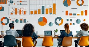 A diverse team analyzes real-time data on a massive projection wall with dynamic charts. Typing, note-taking, and gestures enhance engagement, while subtle lighting shifts and movement add realism.