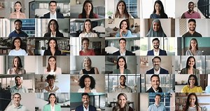 Collage of faces shown in multiple grids, group of men and women representing diversity, inclusion, global connectivity. Collaboration across cultures and industries. Professionalism, communication
