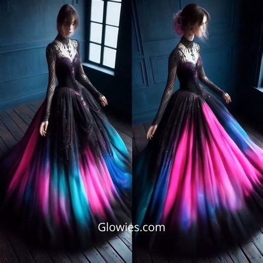59K views · 3.1K reactions | Step into the shadows and shimmer like the night sky in a Gothic Aurora Borealis dress. With deep black tones and flashes of iridescent magic, these gowns glow like northern lights in a midnight storm. Perfect for dark queens who want to sparkle with mystery and power. It's not just a dress—it’s a celestial statement in gothic glam. ✨ | Gothic Darling | Facebook