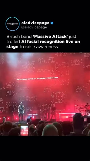AI I Advice I Artificial Intelligence I Business on Instagram: "This wasn’t just a concert. It was a mirror pointed straight at the future. 👁️ Massive Attack turned their latest show into something far more uncomfortable than music. As the crowd watched, face-detection visuals scanned audience members and randomly labeled them with words like “persuasive,” “hoarder,” or “unreliable.” None of it was real. No data. No profiles. Just algorithms pretending to know you. And that’s exactly the point.
