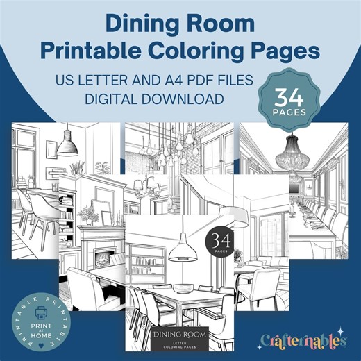 Dining Room Coloring Pages | Printable Interior Design Art | A4 and Letter Size PDF | Stylish Home Architecture to Color - Etsy