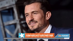 Orlando Bloom paddleboards next to great white shark