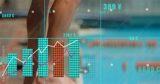 Athlete gripping diving block, initiating data overlays scaling with stance shifting for analytics