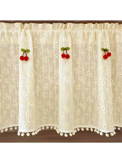 1 Pc French Country Daisy And Red Cherry Blossom Short Sheer Curtain Panel - Semi-Sheer, 100% Polyester, For Kitchen, Porch, Cabinets, Entrance, Patio Decorative Window Curtain | Farmhouse Window | Delicate Embroidery, Kitchen Curtain | SHEIN