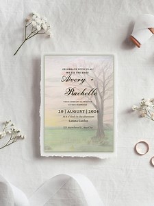Handmade Romantic Tree Sunset Wedding Invitation | Colored Pencil Custom Invite | Unique Art Wedding Suite - Etsy