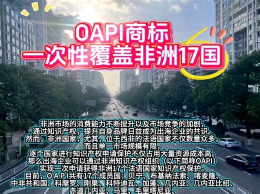 非洲知识产权组织（OAPI）实现一次申请获得非洲17个国家。贝宁、布基纳法索、喀麦隆、中非共和国、科摩罗、刚果、科特迪瓦、加蓬、几内亚、几内亚比绍商标注册