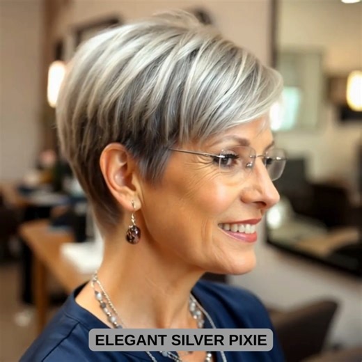 This chic short haircut features soft layers and natural grey highlights, creating volume and elegance. Its modern, low-maintenance style beautifully frames the face, offering a fresh, youthful, and sophisticated appearance. #shorthaircut #pixiecut #grayhairbeauty #modernhairstyle #shorthairstylesforwomen #hairinspiration #stylishhair | New Short Hairstyles 2024