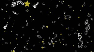 Download Animated Cartoon Space Background with Rockets, Planets, and Twinkling Stars,Whimsical Hand Drawn Space Pattern with Rockets, Planets, and Stars on Black Background for free