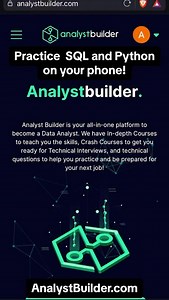 Alex Freberg on Instagram: "Not everyone has time to sit down at a computer and practice SQL and Python! Some people need to do it on the go - or on their phone so their boss doesn’t know they’re trying to upskill and leave their job 😅 On AnalystBuilder.com you can practice SQL and Python on your phone! You can take full courses or practice for your technical interviews anywhere!"