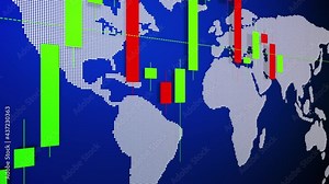 Stock charts seamlessly looped animation 16-bit depth. Candlestick stock market chart with a dots world map in the background