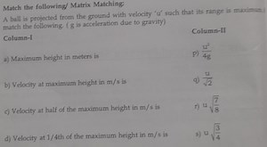 Match the following/ Matrix Matching:A ball is projected from ... | Filo