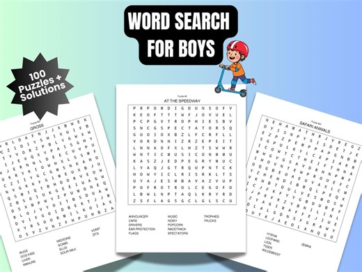 100 Word Search Puzzles for Boys | Printable Kids Word Search With Solutions | Fun Brain Game Activity PDF - Etsy