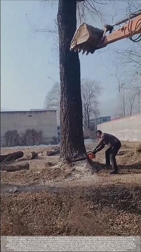 The excavator is on top, the chainsaw is below; this is how they're felling this tree.