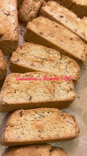 Chubby Life on Instagram: "BASIC GF BISCOTTI from the kitchen of Grandma Helen 1 cup Sugar 3 cups 1:1 GF Flour (or regular all purpose for non-GF) 1/2 Cup Butter 1/2 tsp salt 3 eggs 2 tsp baking powder 1 tsp vanilla 3/4 cup almonds (chopped) 1 tbsp milk (for brushing on top) Preheat oven to 375° Mix together all ingredients in a large bowl (will become a still dough- add more flour if needed) - shape into 2 loaves 2” x 18” on a cookie sheet Bake at 375° for 20 min Slice while warm to touch Toast