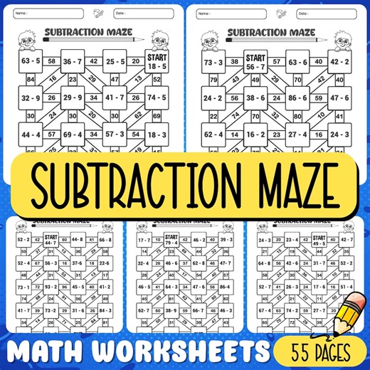 Subtraction Maze Worksheet for Kids - Fun Math Maze Puzzle Printable - Etsy