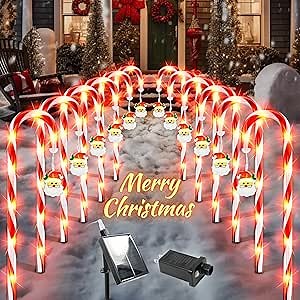 Solar Christmas Decorations Outdoor: 12 Pack 8 Blinking Models Waterproof Red Candy Cane Lights - 21" Santa Claus Pathway Stake Oranments for Yard Garden - 2026 Xams Gifts for Homeowners