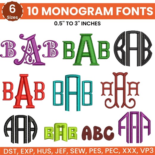 10 Monogram Embroidery Font, Machine Embroidery Monogram Font, Machine Embroidery Design, 6 Sizes, PES DST Etc, Instant Download - Etsy