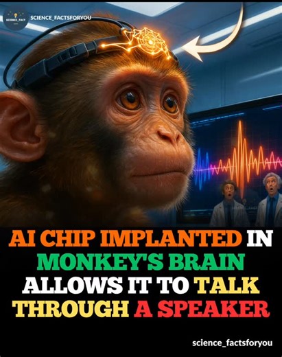 Science Facts on Instagram: "For the first time in history, a monkey has spoken using its brain. Scientists implanted an AI-powered neural chip that decoded the animal’s brain signals — and converted them into real-time speech through a speaker. Each thought triggered corresponding sound patterns, allowing the monkey to “talk” without moving its mouth. Researchers from Neuralink’s Asia Division (2025) say the goal is not to create talking animals — but to help humans with paralysis or speech los