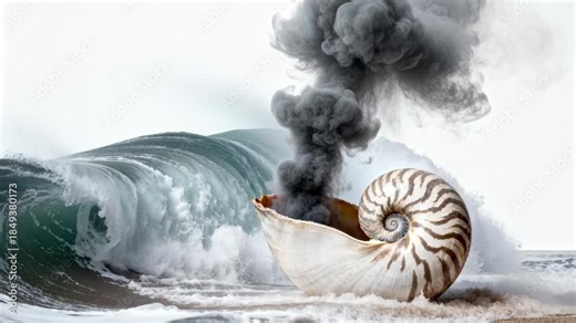 Nautilus shell emits thick black smoke while sitting near a large breaking ocean wave. The surreal coastal scene combines natural marine forms with atmospheric contrast. Motion and texture are emphasi