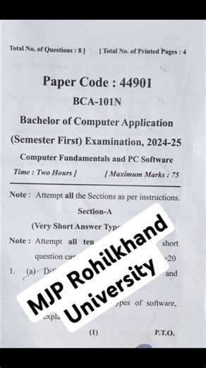 BCA 1st Sem Computer Fundamentals and PC Software Question Paper 2024–25 #mjpru #shorts #shortfeed