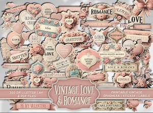 Love & Romance Ephemera: Printable Vintage Shabby Chic Labels, Fussy Cuts, Stickers | Junk Journal Scrapbook Valentine Download - Etsy