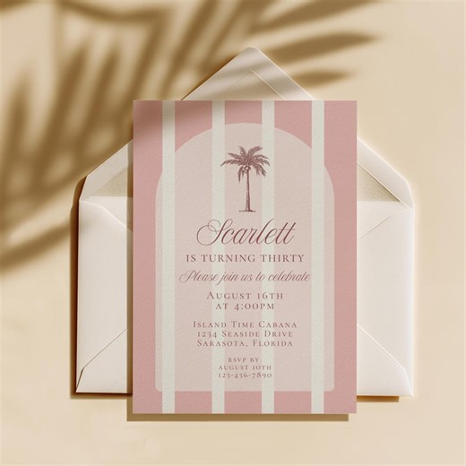 Pink Striped Palm Tree Birthday Invitation Template, Coastal Beach Party Invite (digital Download) - Etsy