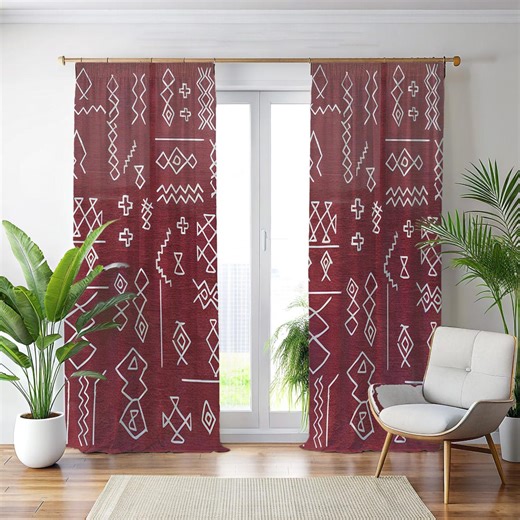 Red Tribal Curtains, Terracotta Boho Style Drapes, White Geometric Ethnic Symbols Window Curtains, Bedroom Drapes, Living Room Curtains - Etsy