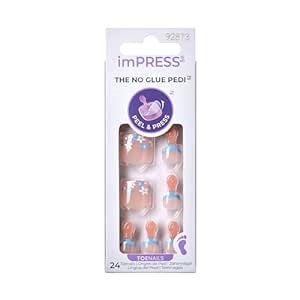 Kiss Impress No Glue Pedi Press-On Nails, Design, 'Paradise Ticket', Light Beige, Short Size, Squoval Shape, Includes 24 Nails, Prep Pad, Instructions Sheet, 1 Manicure Stick, 1 Mini File