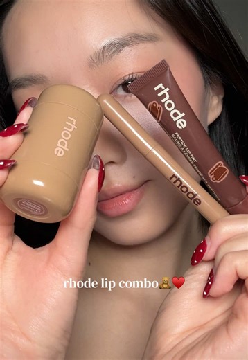 @rhode skin lip combo 🧸☕️♥️ -lip shape (lean) -pocket blush(toasted teddy) -lip tint (espresso) #lipcombo #rhode #makeuptutorial
