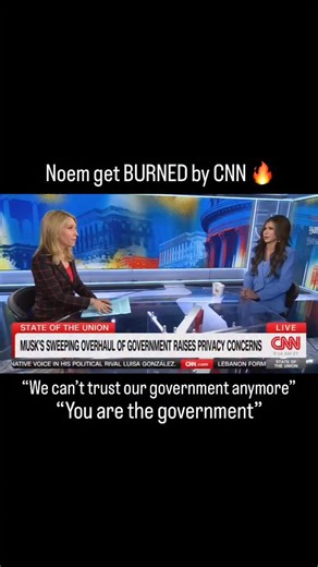 News Splash on Instagram: "“DHS Secretary Kristi Noem on CNN: ‘We can’t trust our government anymore.’ Host Dana Bash: ‘You are the government.’ Noem: ‘Yes, that’s what I’m saying.’ The exchange came during a discussion on government data access, transparency, and reforms under the current administration. A moment that sparked widespread debate about trust in institutions. #KristiNoem #CNN #Politics #GovernmentTrust #USPolitics"