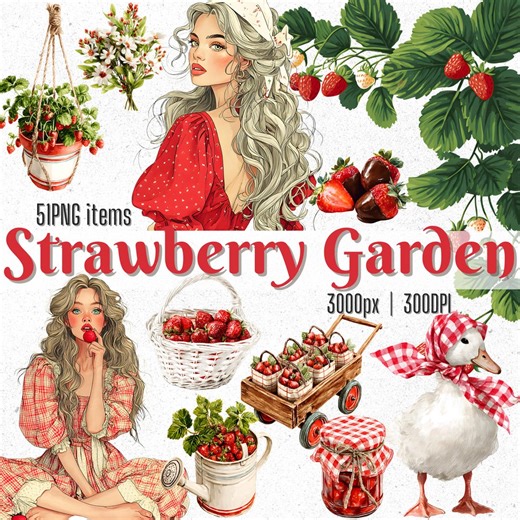 Strawberry Garden Cliparbundle Cottagecore Strawberry Girl & Garden Picnic Elements Digital Stickers PNG - Etsy