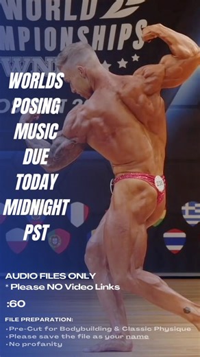 Please email Bodybuilding & Classic Physique music ASAP 👉 WorldsPosingMusic@gmail.com 📢 Bodybuilding suits for BB and Classic Physique suits for CP ✔️ #WNBF #wnbfWorlds #wnbfWorldChampionships #NaturalBodybuilding #NaturalBodybuildingIsClassicPhysique #Bodybuilding #MensPhysique #Bikini #BikiniAthlete #Fitness #Fitspo #Biceps #LAfitness #Lift #Bench #Squat #Deadlift #Exercise #ExerciseMotivation #RoadToinbfwnbfWorlds #LAworlds #LosAngeles #wnbfWorldChampionships #WNBF36 #RealDrugTesting #Elite