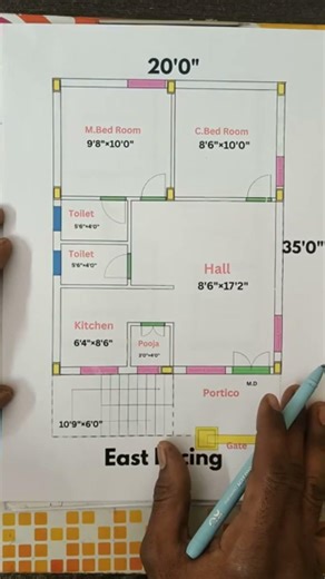 20x35 తూర్పు ముఖం ఇంటి ప్లాన్ | 2 BHK East Facing House Plan 🏠