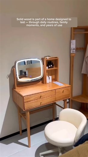 ONLINE SOLID WOOD FURNITURE STORE on Instagram: "A well-designed vanity can quietly transform the rhythm of a bedroom. On calm mornings or slow evenings, it becomes a personal corner that feels intentional rather than decorative. When crafted from solid oak, the surface carries a natural warmth that instantly softens the space, creating a sense of balance between function and atmosphere without adding visual noise. One of the strongest trends today is replacing bulky bedroom furniture with piece
