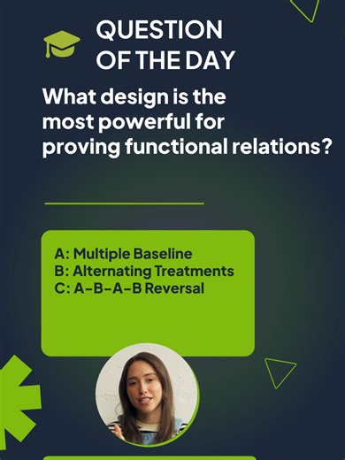 Answer: C (A-B-A-B Reversal). The A-B-A-B reversal design is the most powerful single-subject design for demonstrating a functional relationship because it shows that the behavior turns 'on' and 'off' exactly when the intervention is applied and withdrawn. (However, it cannot be used for irreversible skills or dangerous behaviors!). #ReversalDesign #ExperimentalControl #BCBATaskList