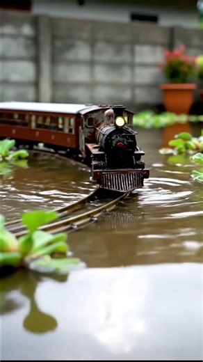 satisfying miniature train crossing flood #shorts #miniaturetrains