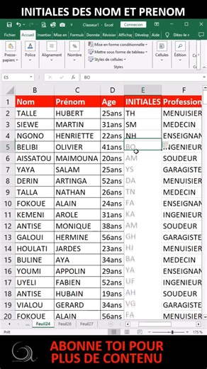Comment extraire automatiquement les initiales des noms et prenoms d'une personne dans excel ? #Excel #informatique #productivity #Office #microsoft #tech #technology #graceartistiqueunivers #galanieh | GAlanieh