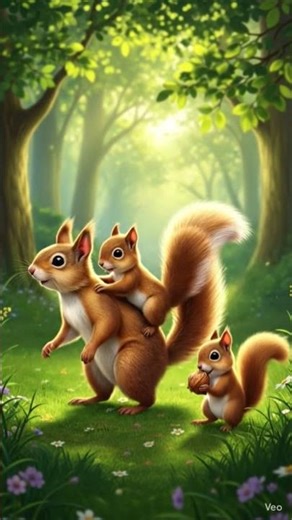 Cute squirrel playing joyfully with her very small baby.