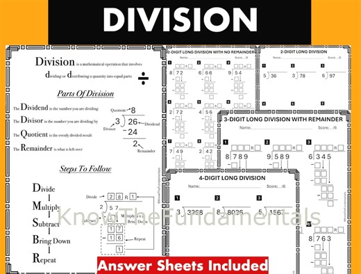 Divisionsblad för årskurs 3, 4 och 5 - Kort och lång division med 2-, 3- och 4-siffriga tal, divisionstabell, MATTEÖVNING - Etsy Sverige