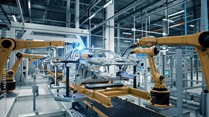 Car Factory 3D Concept: Automated Robot Arm Assembly Line Manufacturing Advanced High-Tech Green Energy Electric Vehicles. Construction, Building, Welding Industrial Production Conveyor. Close-up