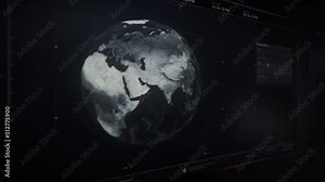 Log In To Modern Analysing Computer Software. Selecting Mexico Area On Model Of Earth. Analysing Satellites Orbiting Planet To Get Live Video View. Zooming Into Territory Of Air Base. Analysing Data.