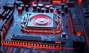 Abstract close-up of a futuristic circuit board with glowing components, showcasing intricate details of electronic technology and innovative design elements.